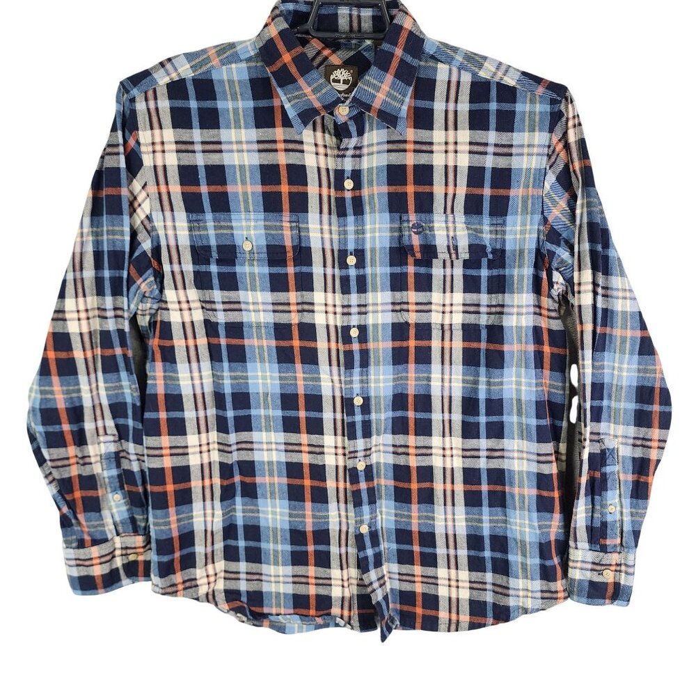 Mens Timberland Blue Orange Plaid Flannel Shirt Button-Up Long Sleeve Size L